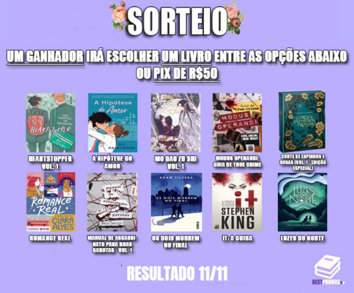 BestPromosBr's tweet photo. ⚡📚 SORTEIO 📚⚡

UM ganhador irá escolher UM livro entre as opções abaixo ou PIX DE R$50. Para concorrer você deve seguir as regras:

• Dar RT nesse tweet 
• Dar RT no tweet fixado 
• Seguir a conta @BestPromosBr

RESULTADO 11/11 https://t.co/zHT4UqA00i