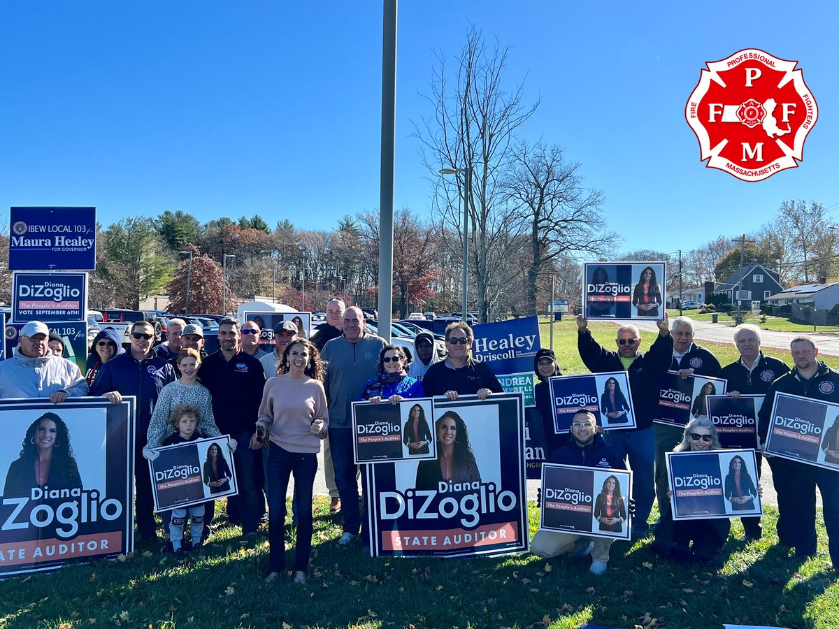 THE_PFFM's tweet photo. President Rich MacKinnon, Secretary-Treasurer Billy Cabral, and @MethuenFire1691 joined @DianaDiZoglio in Methuen this morning! The PFFM is proud to be support Diana to be our next State Auditor. She is the clear choice on today’s ballot. #WeSupportThoseWhoSupportUs https://t.co/OVN6EENPSZ