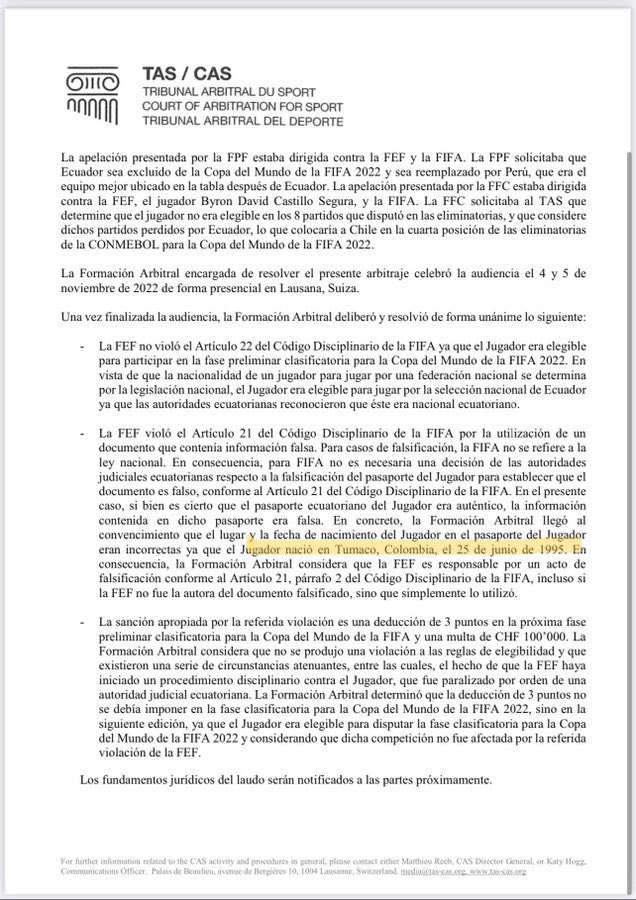 Balompiecuador's tweet photo. Tras la resolución del TAS donde confirma lo que todos sabíamos, Byron Castillo es colombiano, viene la pregunta del millón: ¿Debería la FEF excluirlo del mundial Qatar 2022 o premiarlo llevándolo al mismo? https://t.co/KKPZJ0jwIU