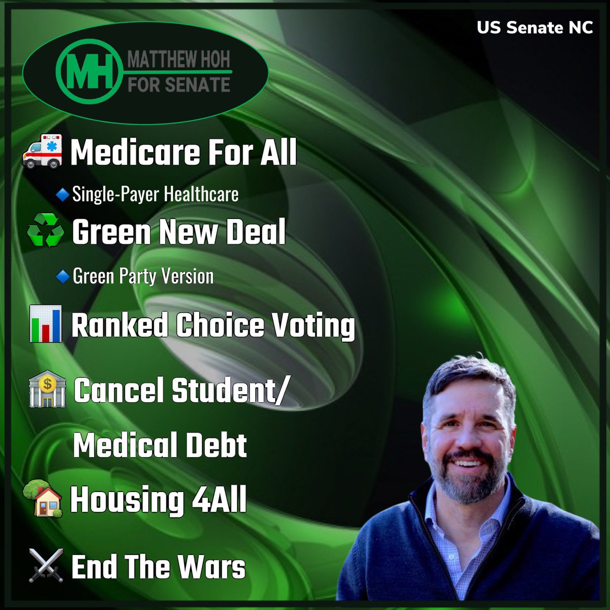 JustinBGreen1's tweet photo. 9) #NC #VoteGreen2022
Who hasn't heard about...
#AntiWar candidate MATTHEW HOH, running for US SENATE!
(@MatthewPHoh)
It's been an important fight for the left and such an awesome race to watch! #GoForHoh! #VoteForHoh!
Glad to have been a long time supporter! https://t.co/fzniOboXnE