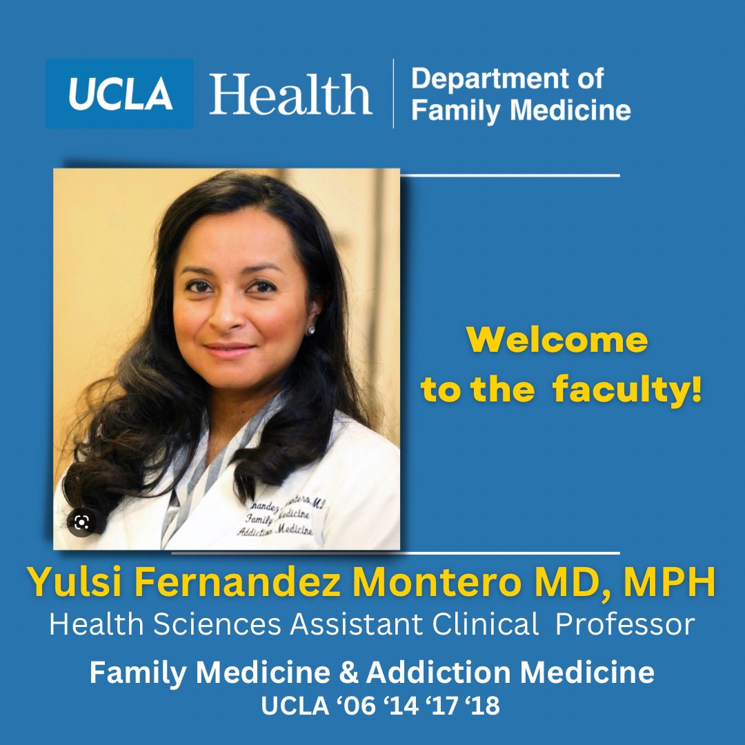 UCLA Department of Family Medicine (@uclafm) on Twitter photo Welcome to the UCLA Dept of Family Medicine faculty! Dr Yulsi Fernandez Montero (#UCLA ‘06 ‘14 ‘17 ‘18) family doc & addiction medicine doc, we’re thrilled you’re coming back home as assistant professor #FamilyMedicine <a href="/UCLAHealth/">UCLA Health</a> <a href="/dgsomucla/">David Geffen School of Medicine at UCLA</a> <a href="/cafp_familydocs/">CA Family Physicians</a> Welcome to the UCLA Dept of Family Medicine faculty! Dr Yulsi Fernandez Montero (#UCLA ‘06 ‘14 ‘17 ‘18) family doc & addiction medicine doc, we’re thrilled you’re coming back home as assistant professor #FamilyMedicine <a href="/UCLAHealth/">UCLA Health</a> <a href="/dgsomucla/">David Geffen School of Medicine at UCLA</a> <a href="/cafp_familydocs/">CA Family Physicians</a>