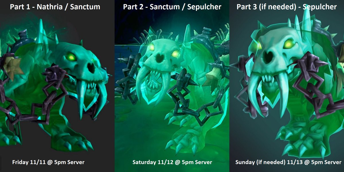 🙀<a href="/CtRGuild/">Convert to Raid</a> Slime Kitty Mount Run🙀
Join me this weekend for a marathon run of the SL raids NA.

5-7pm PT
Fri 11/11  Nathria / Sanctum  
Sat 11/12 Sanctum / Sepulcher  
Sun 11/13 Sepulcher if needed

Any muscle to help is greatly appreciated!

More info at converttoraid.com
