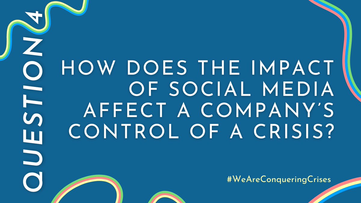 Jvk6106's tweet photo. Almost done - here is our fourth question for our chat :-) #WeAreConqueringCrises @lashondaeaddy 
Q4: How does the impact of social media affect a company's control of a crisis? https://t.co/pGzABp3GQ8