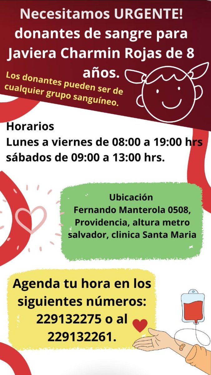josalazarc's tweet photo. 🚨 Se necesitan dadores de sangre para Javiera, su estado es crítico 🙏🤲 #ContigoCHV #Temblor https://t.co/mArrRv42C2
