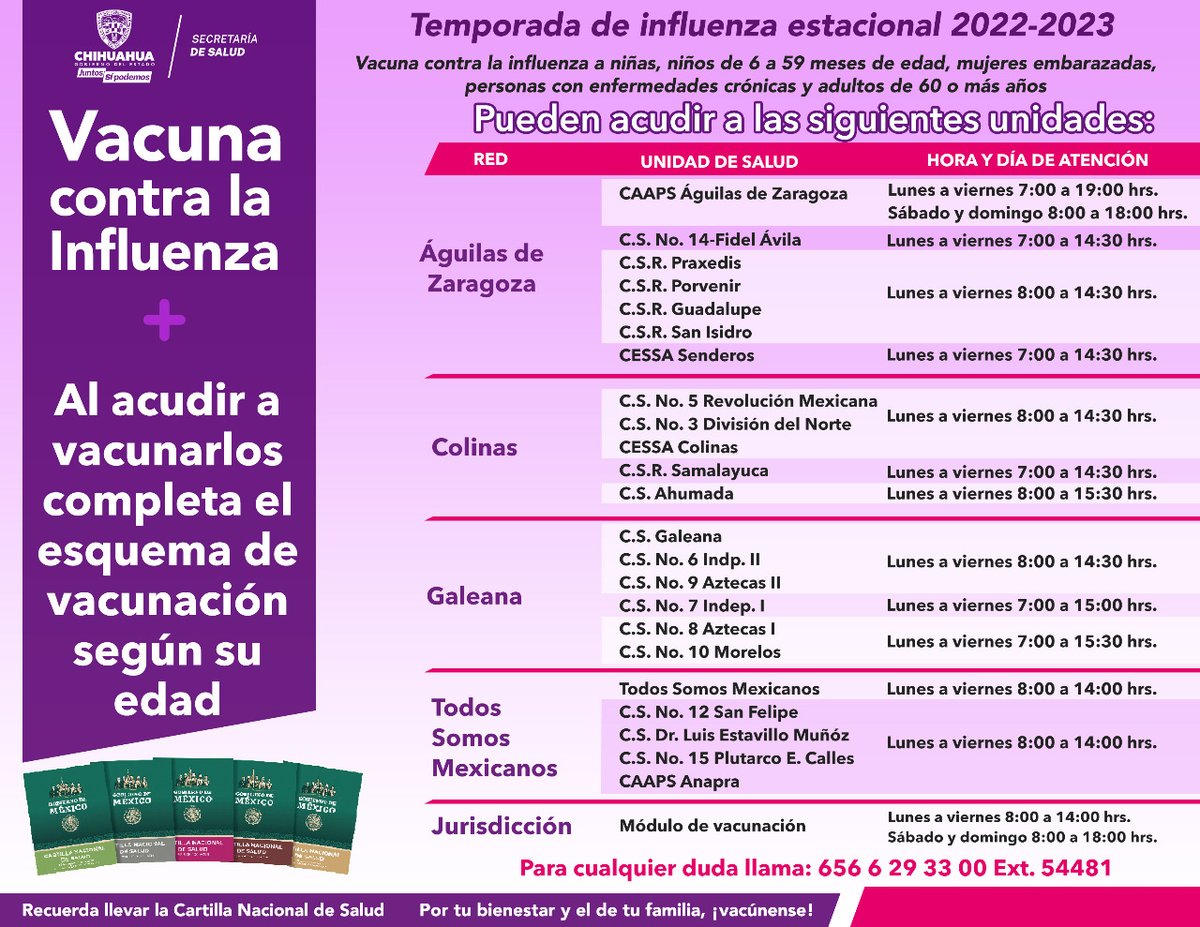 En la región de Juárez, acude a vacunarte contra la influenza en esta temporada a través de los centros de salud.
Consulta los horarios y días de atención según la unidad de salud que corresponda.👈
Recuerda que también se completan esquemas de vacunación para las y los niños.💉