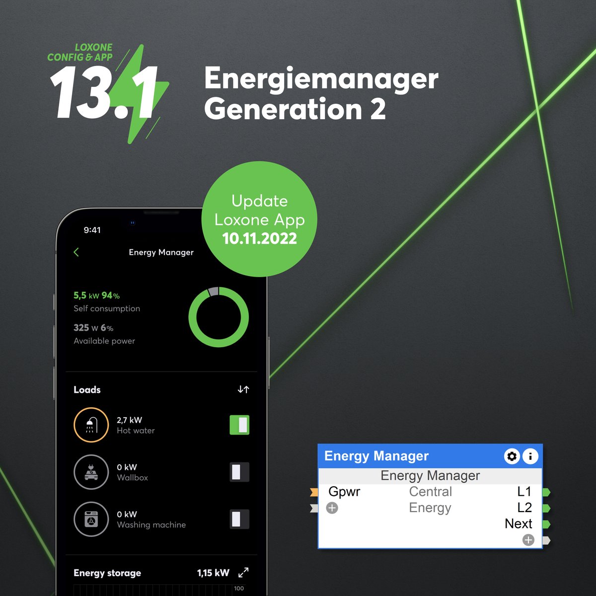 Loxone's tweet photo. #Loxone ist weltweit die einzige Lösung, mit der ein ganzheitliches Überschusslademanagement umgesetzt werden kann. Nun hat das zentrale Element dazu mit dem Energy Manager Generation 2 ein starkes Update bekommen! ⚡️

#Config #automation #energy #management #loadmanagement https://t.co/zGkMNajtM1