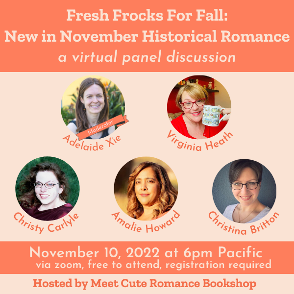 Join @cbrittonauthor, @VirginiaHeath_, @AmalieHoward, & @christycarlyle to celebrate these November historical romance releases hosted by @_MeetCuteBooks_ on 11/10 at 6pm PT. Register for this free event here: bit.ly/3t040EI