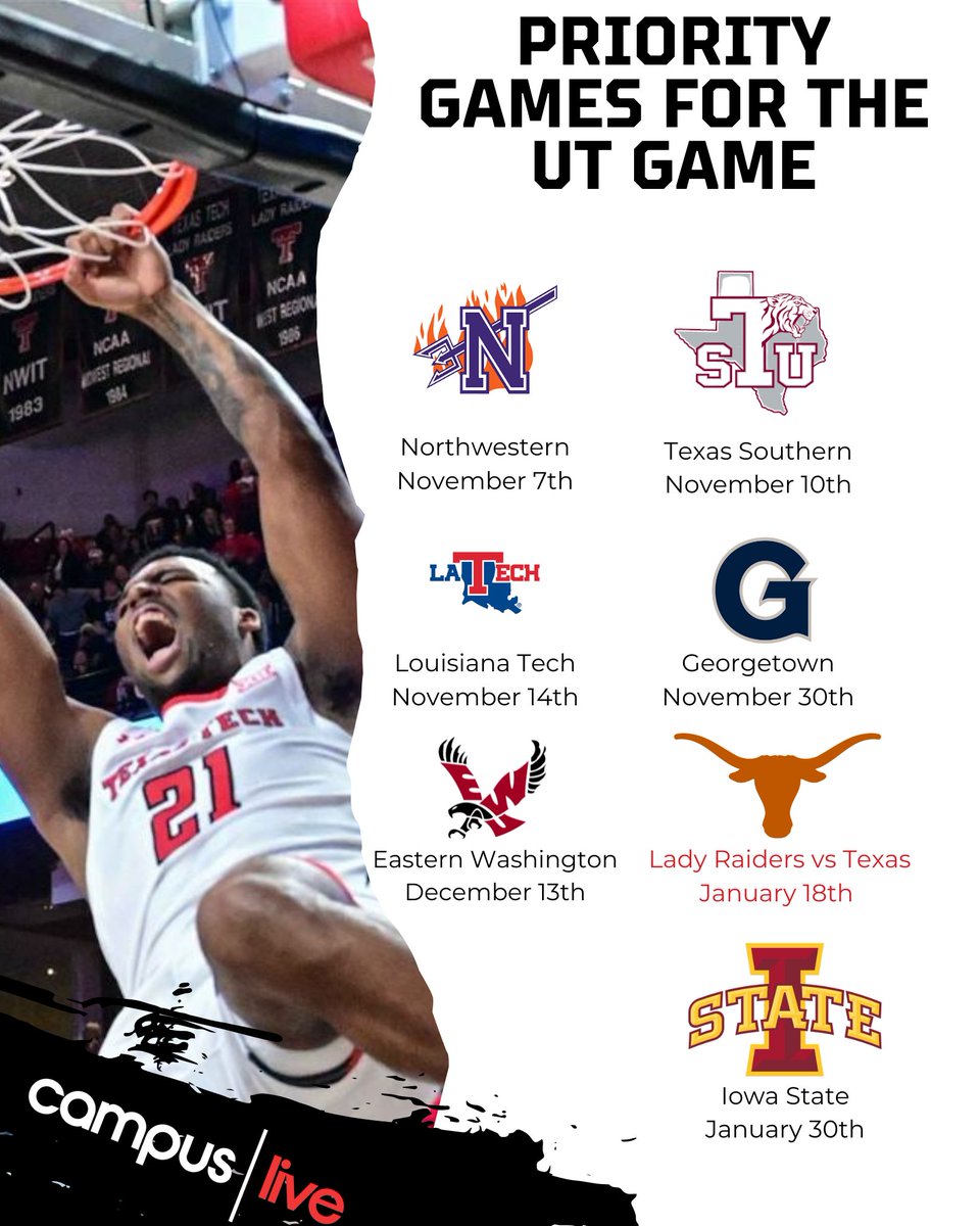 CampusLiveTTU's tweet photo. Want priority seating for the Texas men's basketball game? Make sure to attend these games to secure your sport for the Texas game! #ttu #redraiders #wreckem #priorityseats #ttulive #texasrivals #mbb #big12 #hoopseason #basketball https://t.co/EQ3suHVBwO