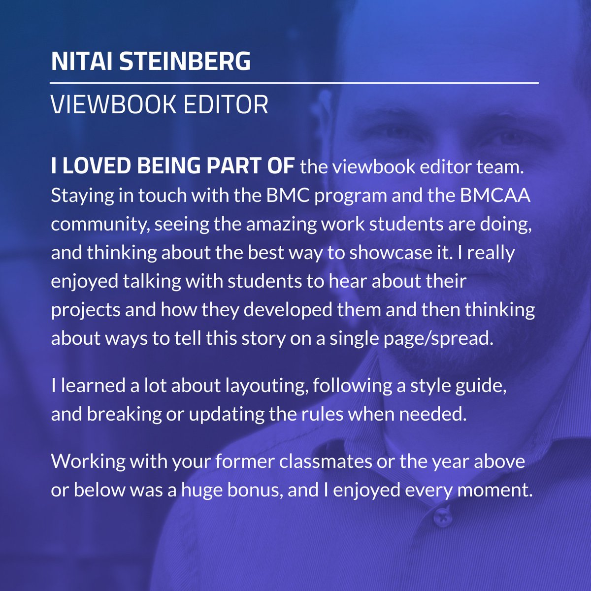 EXEC SPOTLIGHT: Meet Viewbook Editors, Shirley, Nitai and Tracy (next)! 

Want to create the next viewbook 🎨? Learn more and self-nominate by Nov 18: linktr.ee/bmcaaexec