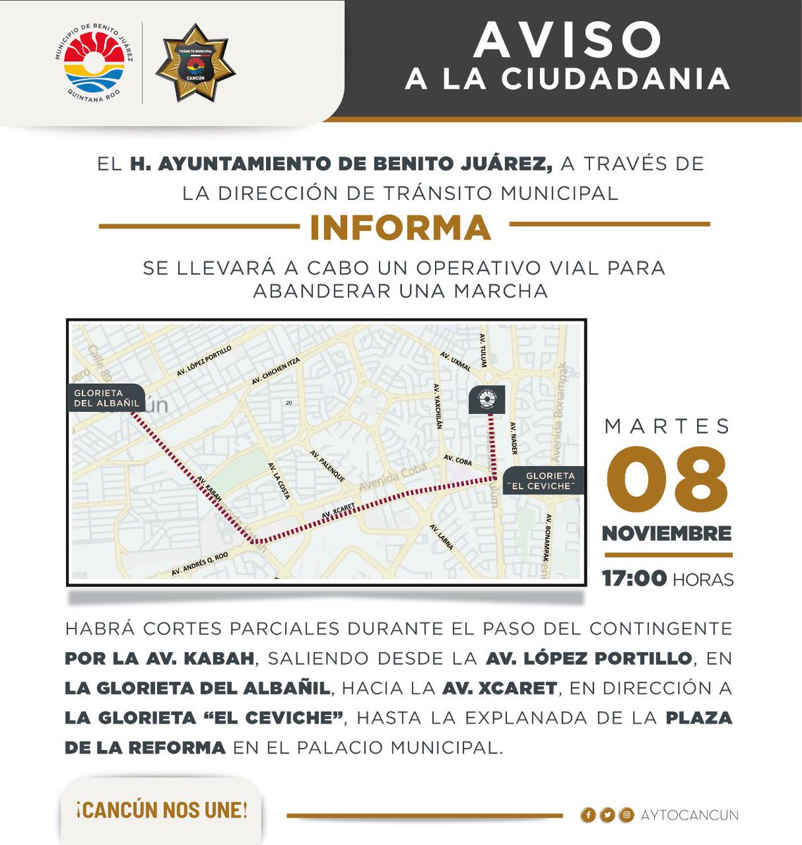 AytoCancun's tweet photo. La Dirección de Tránsito de Cancún informa que este martes 8 de noviembre, a partir de las 17:00 horas,  realizará un operativo vial en 📍 la Av. Kabah, desde la Av. López Portillo hacia la Av. Xcaret, https://t.co/Mdf7nOBbF3