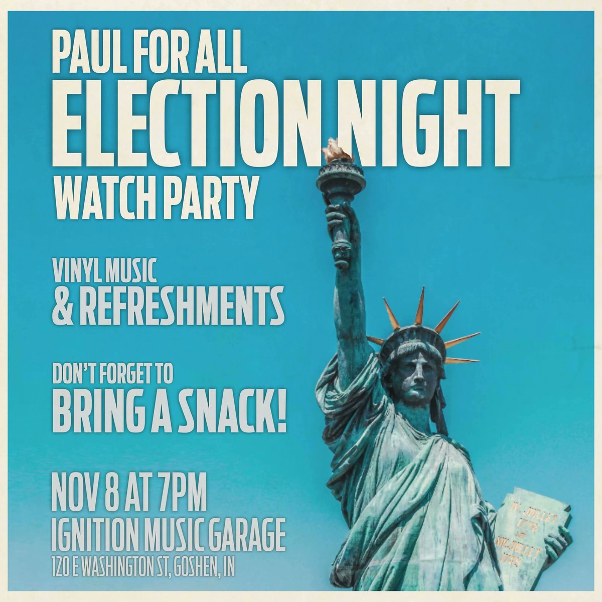 paulforall22's tweet photo. Remember tonight at 7 PM Est we are having an Election Night Watch Party at Ignition Music Garage in downtown Goshen.  Come and meet the team and be sure to bring a nonperishable food item for a donation to The Window food pantry.  See you tonight! https://t.co/42PYuxd9Fp