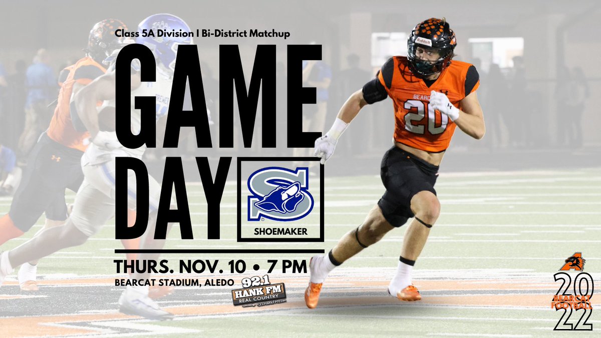 Class 5A Division I Bi-District
Aledo🆚Shoemaker
⏰7PM
📅Thurs 11/10
📍Bearcat Stadium 
🎟All general admission + online: $6 adults; $4 students ($8 gameday); aledosportsnetwork.com/HTtickets
👜Clear bay policy: aledoisd.org/gameday
📻 92.1 Hank FM
📷credit: DNG student Breleigh M.