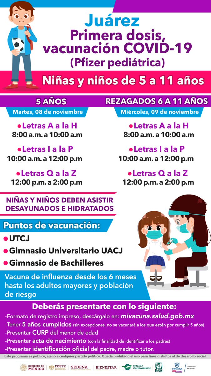 En Ciudad Juárez, se vacunará con la primera dosis el día martes 8 de noviembre a niñas y niños de 5 a 11 años, y el miércoles 9 se aplicará para rezagados de 6 a 11 años.💉
Acude a cualquier punto de vacunación según la hora indicada para cada apellido. 👈
#JuntosSíPodemos