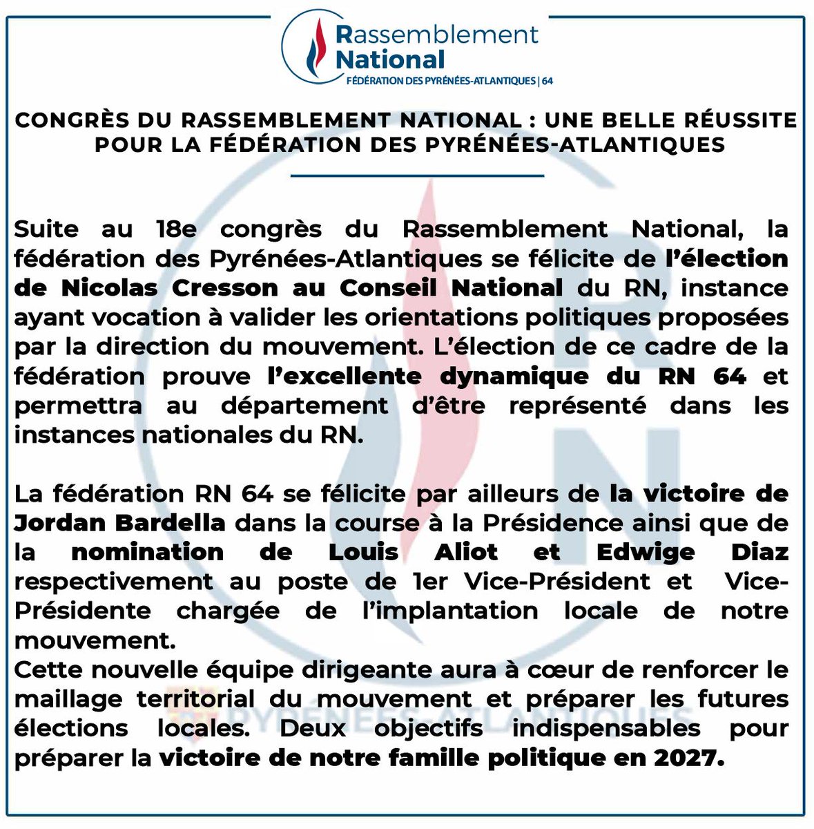 RNational64_off's tweet photo. Le #CongresRN : Une belle réussite pour le @RNational64_off.
Notre communiqué ⬇️ https://t.co/MBeSZlR2dK