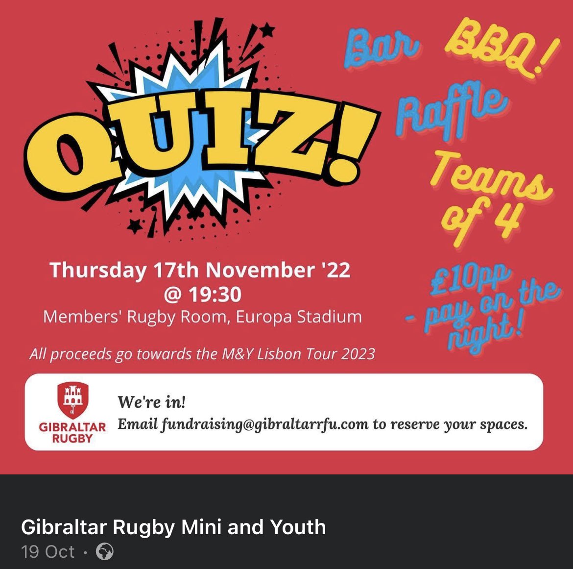 Our fundraising quiz is next Thursday 17th November at Europa Point Stadium!  Not signed your team up yet?! Drop us an email to fundraising@gibraltarrfu.com.

Not fully rugby savvy?! Questions will be general knowledge! #NoExcuses