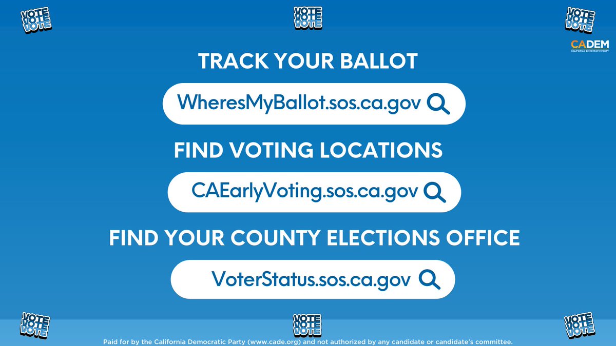 ✨Voter resources:

💙TRACK YOUR BALLOT: wheresmyballot.sos.ca.gov

💙FIND VOTING LOCATIONS:
Caearlyvoting.sos.ca.gov

💙FIND YOUR COUNTY ELECTIONS OFFICE:
VoterStatus.sos.ca.gov