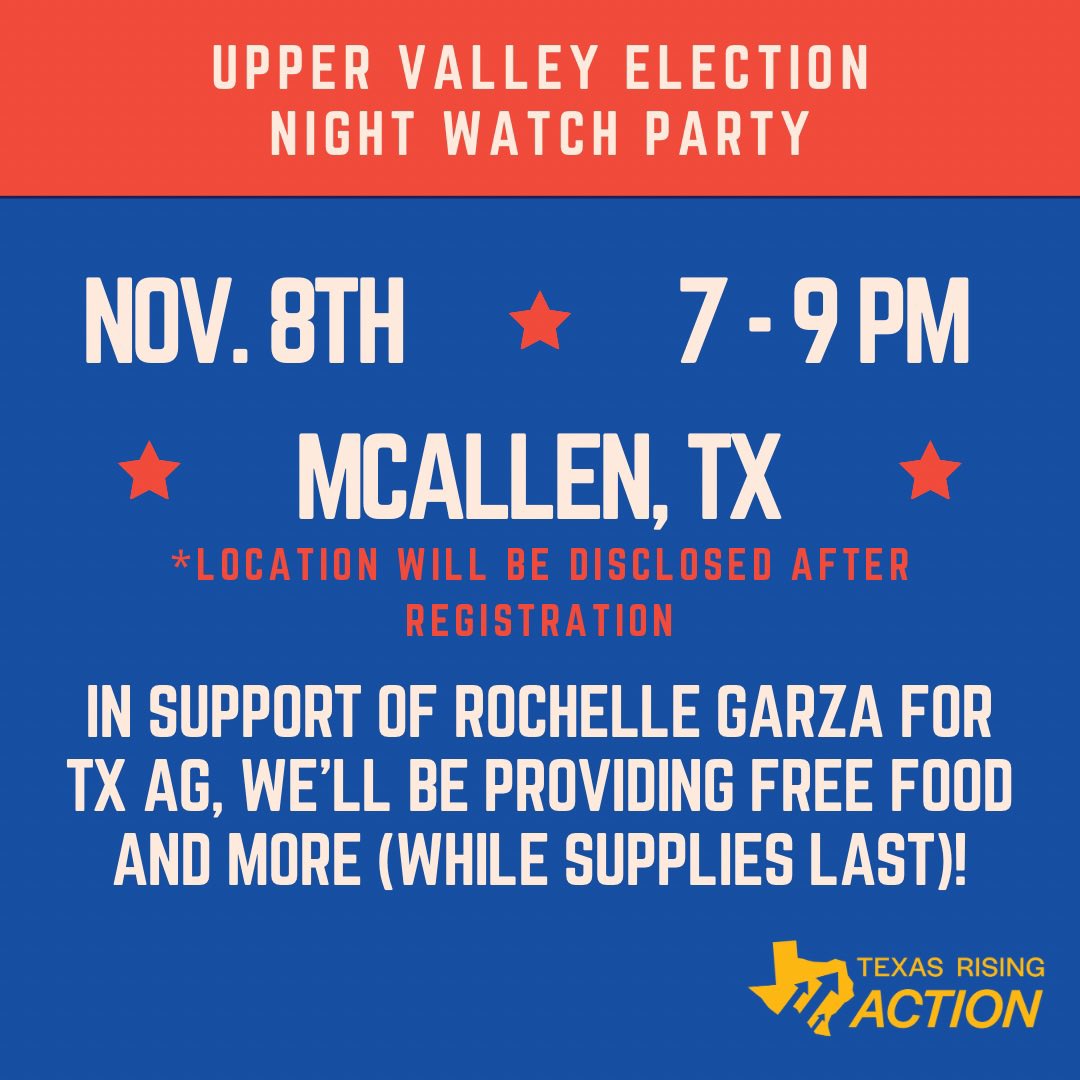 texrisingrgv's tweet photo. Happy Election Day y’all! Tonight Texas Rising Action is hosting an Election Night Watch Party at Roosevelt’s at 7 in McAllen! The event will take place from 7-9 pm. ✨ Free food and more will be available! You definitely don’t want to miss out 🗳 RSVP: https://t.co/iQRpIRmiFf https://t.co/reSfgU6dNb