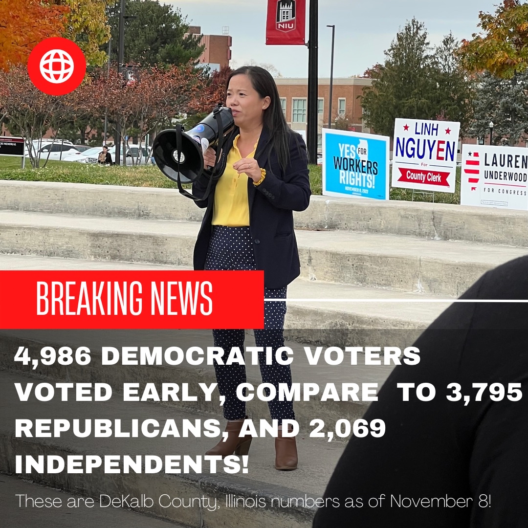 Breaking!
The new numbers of #earlyvoting are in! They’re excellent! There were significantly more D’s and I’s voted early last week than R’s! Keep it up! Tell your family, neighbors &amp; friends to #vote for Linh Nguyen for DeKalb County Clerk and Recorder!  #tuesday #electionday