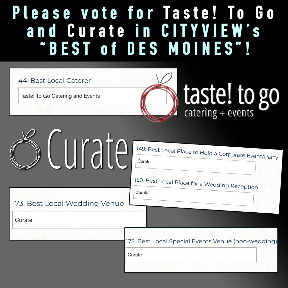 curatedsm's tweet photo. Vote for Taste! To Go and Curate in the CITYVIEW readers BEST OF DES MOINES poll! Please and Thank you 😉
https://t.co/OACvmNDgyT https://t.co/AhjDb8IgF7