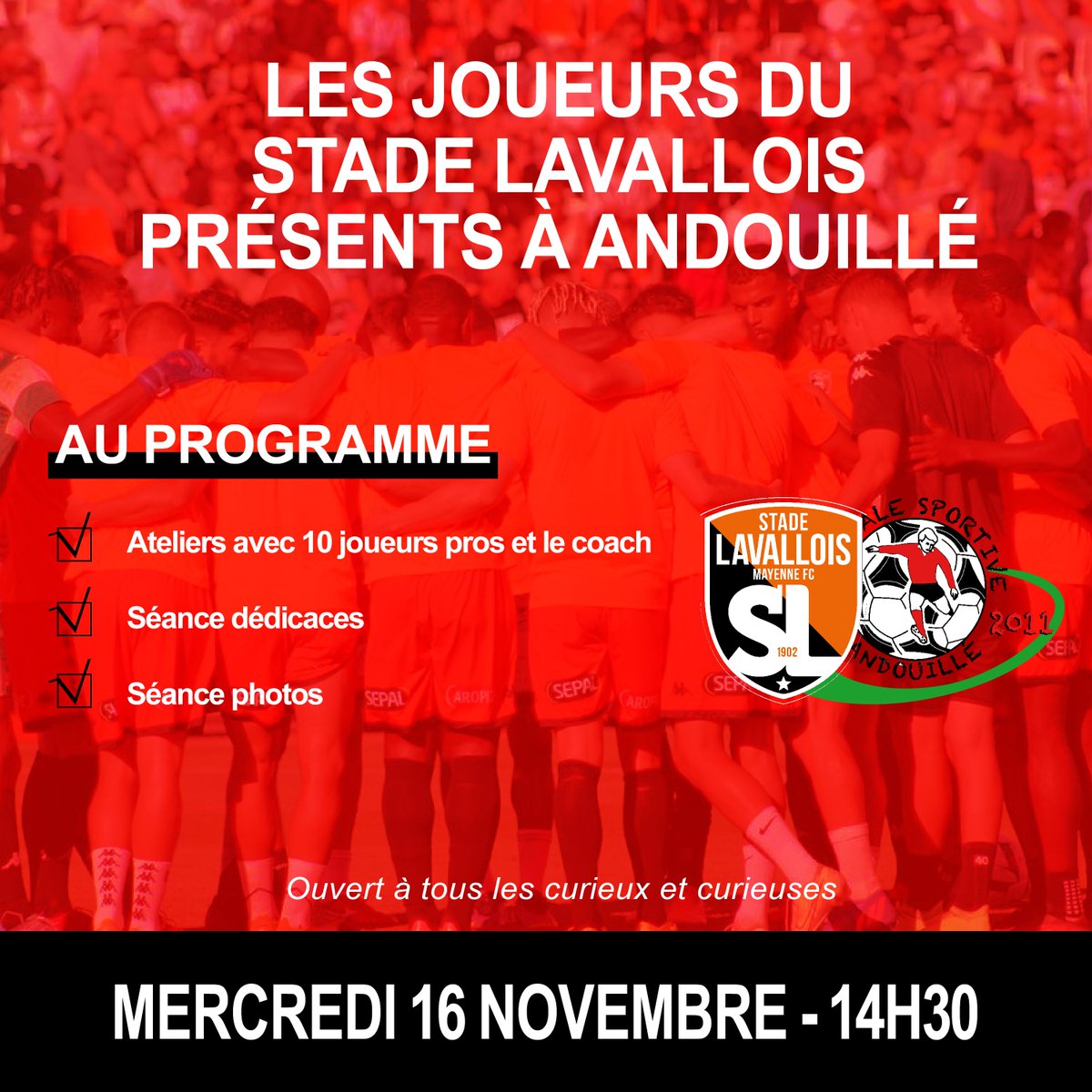 asandouille53's tweet photo. 💥𝗘𝘃𝗲̀𝗻𝗲𝗺𝗲𝗻𝘁 𝗲𝘅𝗰𝗲𝗽𝘁𝗶𝗼𝗻𝗻𝗲𝗹

🤩Mercredi prochain (16 novembre) le club à la chance d'accueillir 10 joueurs professionnels ainsi que le coach du Stade Lavallois le temps d'un entrainement avec nos jeunes licenciés de l'ASA.

@stadelavallois https://t.co/pqXwgWprWN