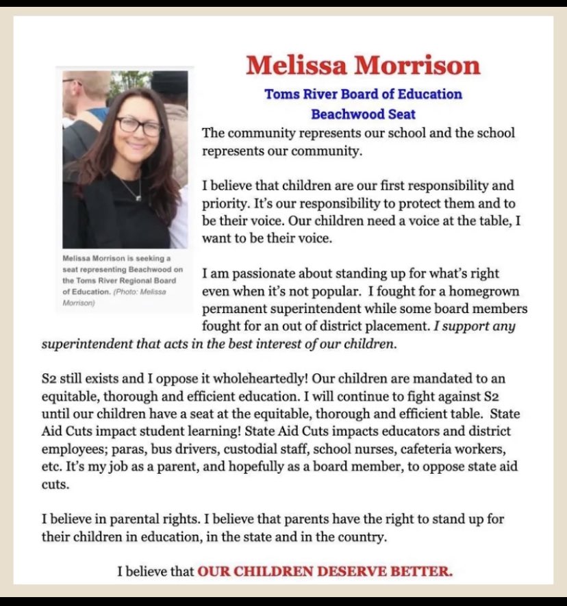 🇺🇸 Local elections are just as important as presidential elections. 🗳 Please exercise your right to vote. Those before us, fought to have a voice at the polls. ✅ Beachwood Residents: Vote Morrison, Column G, Row 2, Toms River Board of Education. #forourchildren