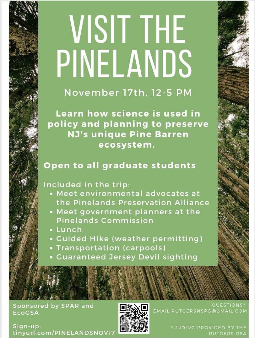 Rutgers EcoGSA (@rutgers_ecogsa) on Twitter photo Join us and <a href="/SciPolRU/">Science Policy and Advocacy at Rutgers</a> to learn how science is used in policy & planning to preserve NJ's unique Pine Barren ecosystem. We will tour the Pinelands Preservation Alliance & the Pinelands Commission, followed by a hike in the State Forest. Lunch will be provided! Join us and <a href="/SciPolRU/">Science Policy and Advocacy at Rutgers</a> to learn how science is used in policy & planning to preserve NJ's unique Pine Barren ecosystem. We will tour the Pinelands Preservation Alliance & the Pinelands Commission, followed by a hike in the State Forest. Lunch will be provided!