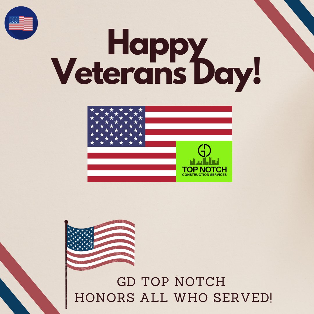 GDTopNotch's tweet photo. Happy Veterans Day!!
GD Top Notch wants to honor all Veterans who served our country.
Have a wonderful day &amp; Thank you for your service.
-
-
-
#gdtopnotchcleaning #constructionservices #gtopnotch #cleaning  #michigan #detroit #HappyVeteransDay #votingday #veterans  #VeteransDay https://t.co/MFTC9Jf9tk