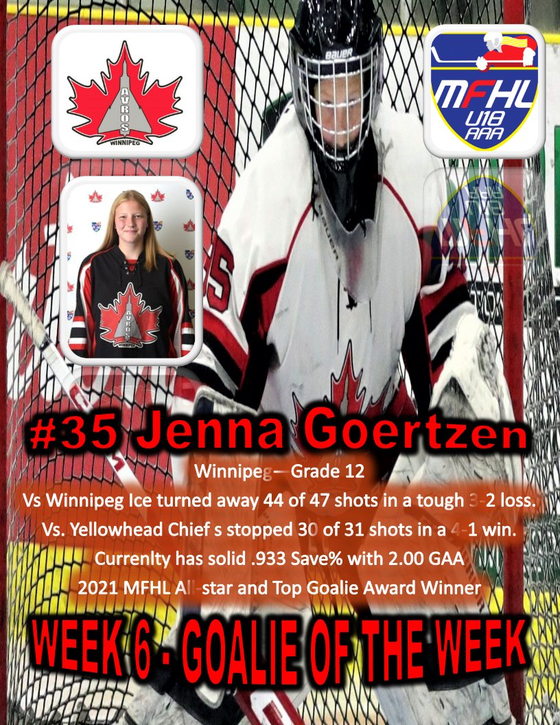 MFHLU18AAA's tweet photo. Week 6 Award Winners-CONGRATS @westmanAAA Anderson &amp; @WinnipegAvros Goertzen-@CPFemaleU18 @Eastmanfemale @U18BoltsAAAF @femalepvhawks @WinnipegIceAAA @YHChiefs @hockeymanitoba @GameOnHockey @staylorsports @CBrooksie84 @darryl_gershman @JuniorNightMB @mikegerl #theplacetoplay https://t.co/ayafpv3BnM