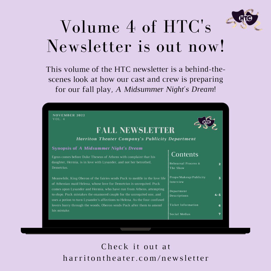 htctickets's tweet image. The latest edition of our HTC newsletter is out now! Head to harritontheater.com/newsletter for the inside scoop on how we’re preparing for “A Midsummer Night’s Dream”!

Newsletter by Carly Marcus
