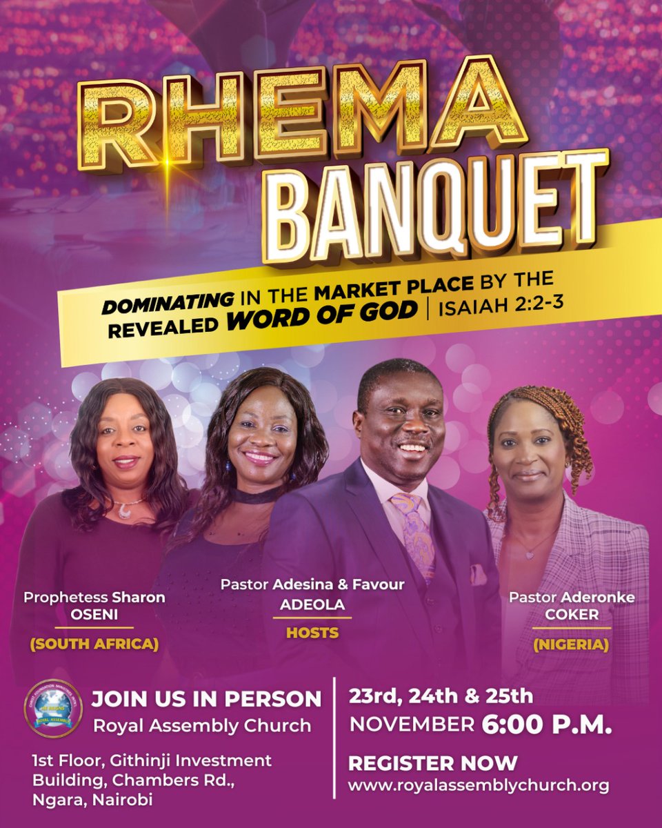 #Dominate the marketplace by the revealed #Word of God.  Mark the dates; 23rd, 24th and 25th. Reserve your seat royalassemblychurch.org . DO NOT MISS #rhemabanquet