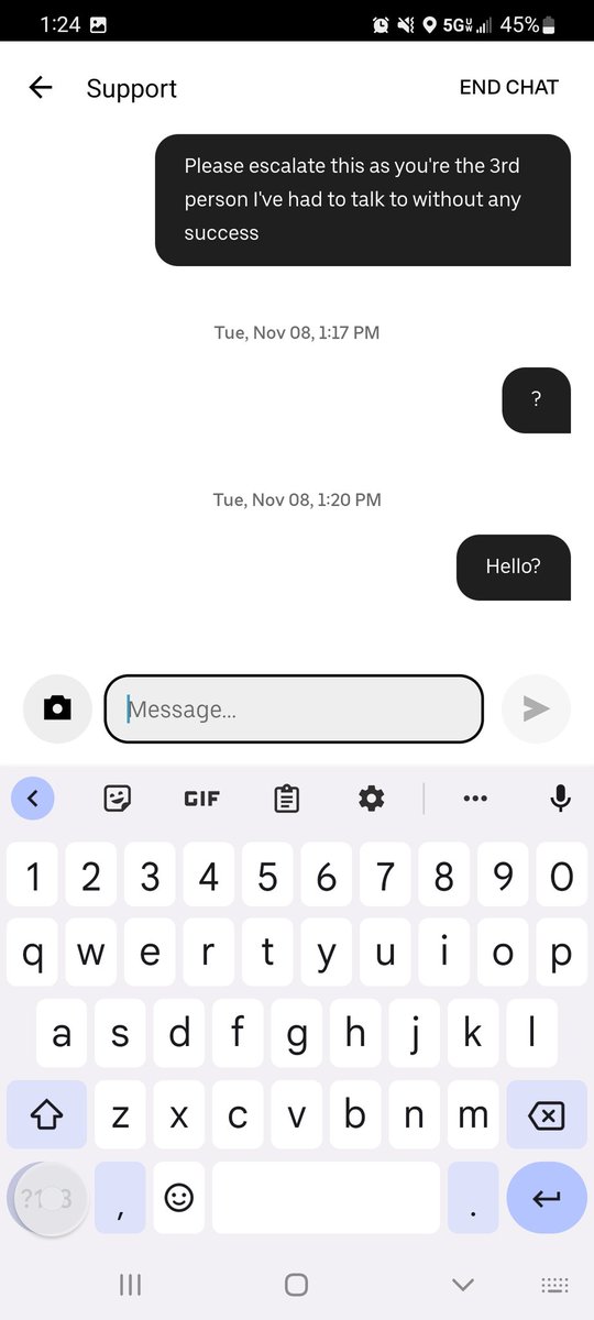 OrangeHardie's tweet photo. @Uber_Support Your chat support ghosted me. 3rd person I've spoken with... https://t.co/sl1YaPhrbT