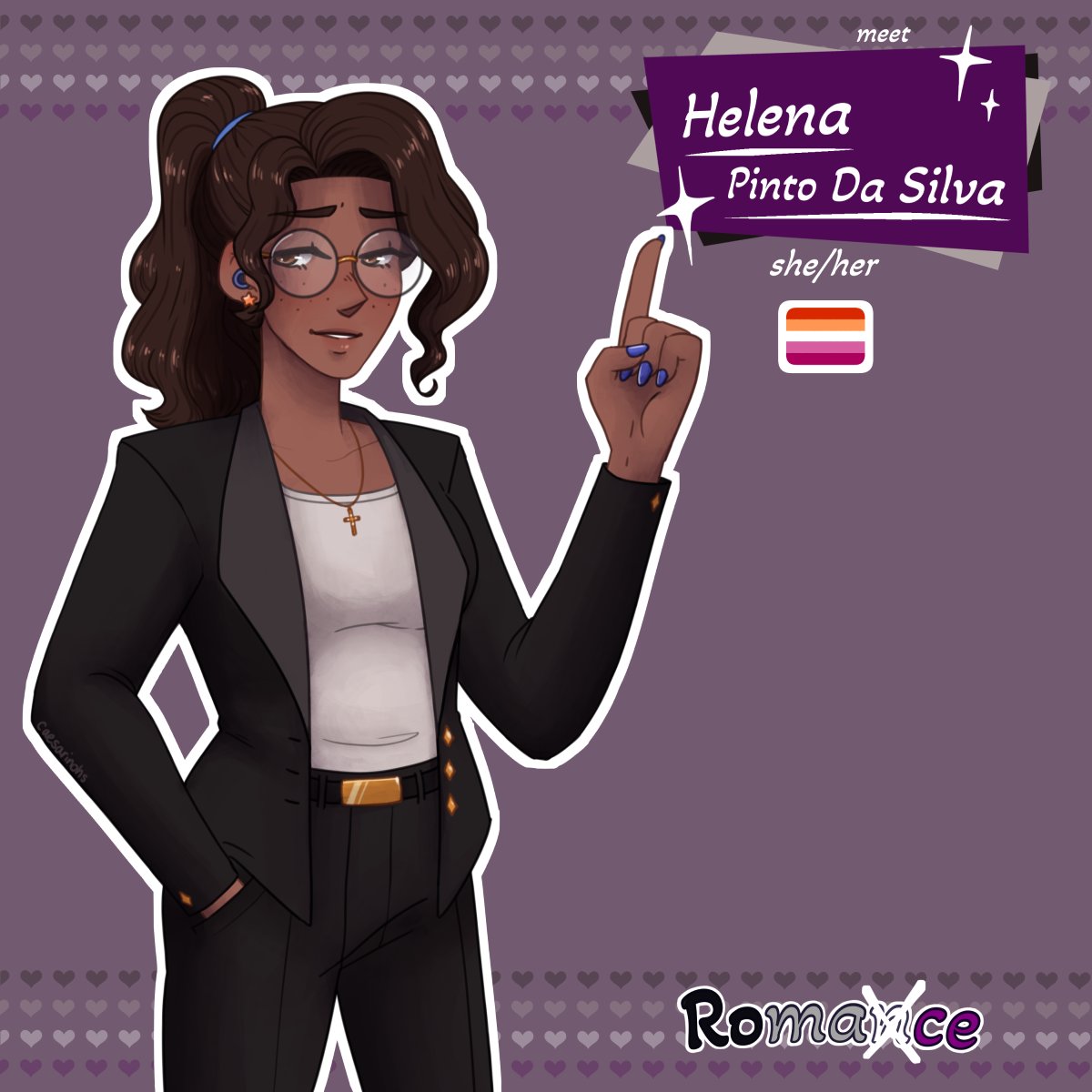 Meet Helena Pinto da Silva, one of the main love interests for our game!

Helena's a hardworking and intellegent museum curator who also happens to be autistic. #romacegame