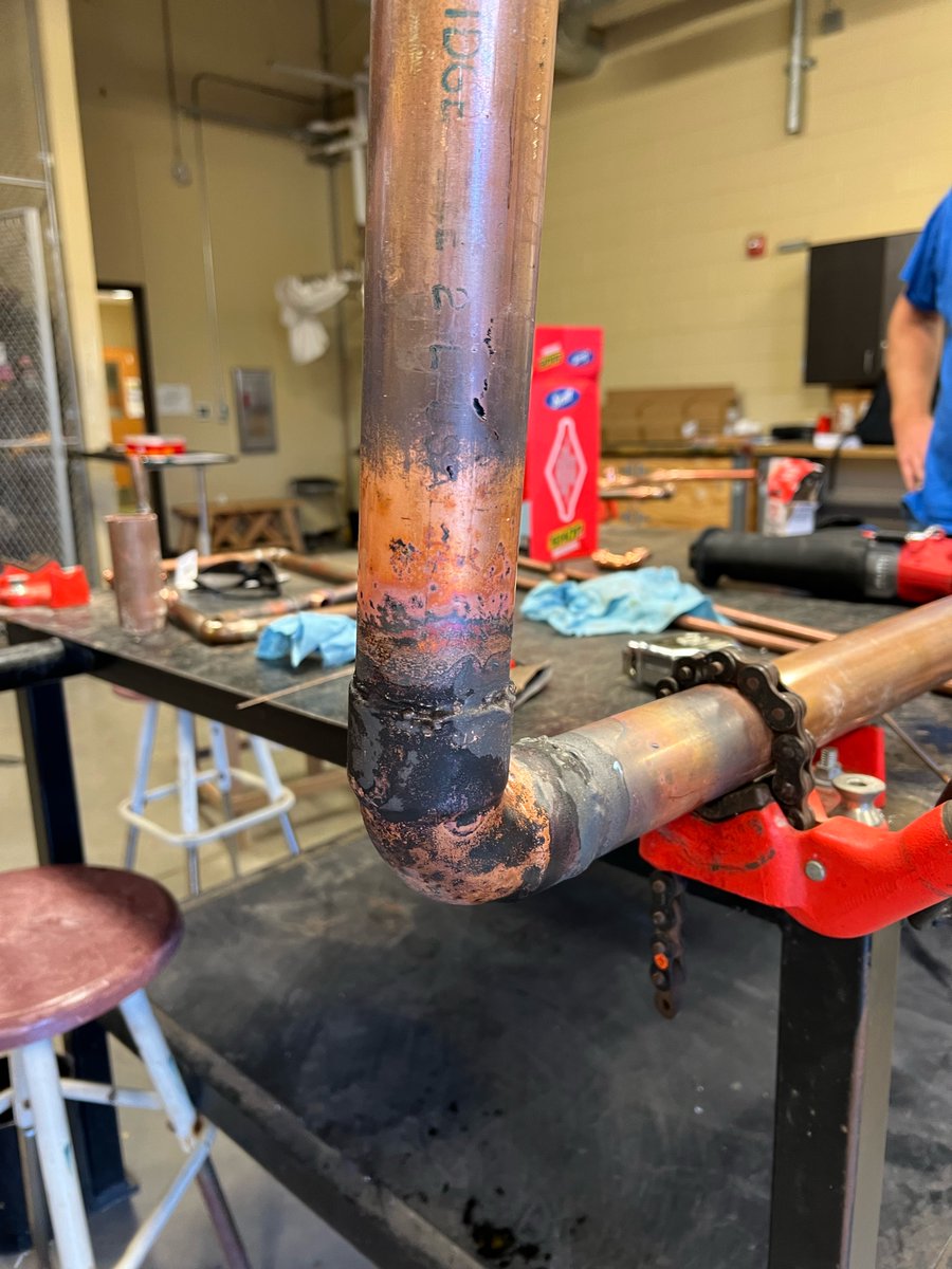 Taylor High School's future plumbers are learning to manage heat transfer while soldering and brazing fittings. They started with 1/2” - 3/4” copper soldering and now we’re in to 2” brazing. 
#ThisIsTaylorISD