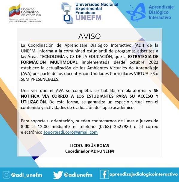 Información importante sobre el acceso a los AVA de nuestra plataforma.

#adi #UNEFM