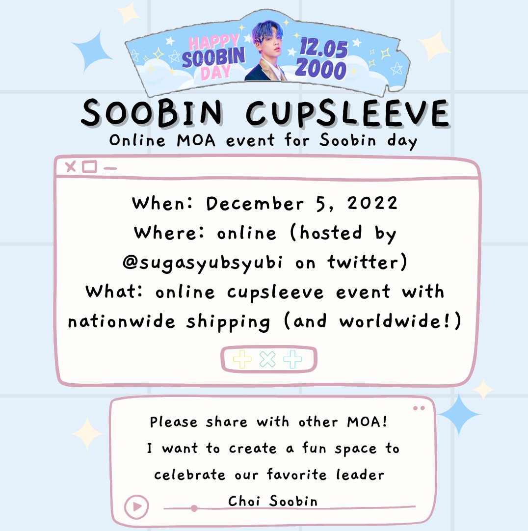 Hi MOAs! I decided to make an online version of my cupsleeve event- I know a lot of other cities don't have TXT events so I figured I'd do something to include everyone. You can order cupsleeves here: https://t.co/HUG5mIgGqL 
I will also be posting all day on the 5th for Soobin! https://t.co/t2vOhZzteV
