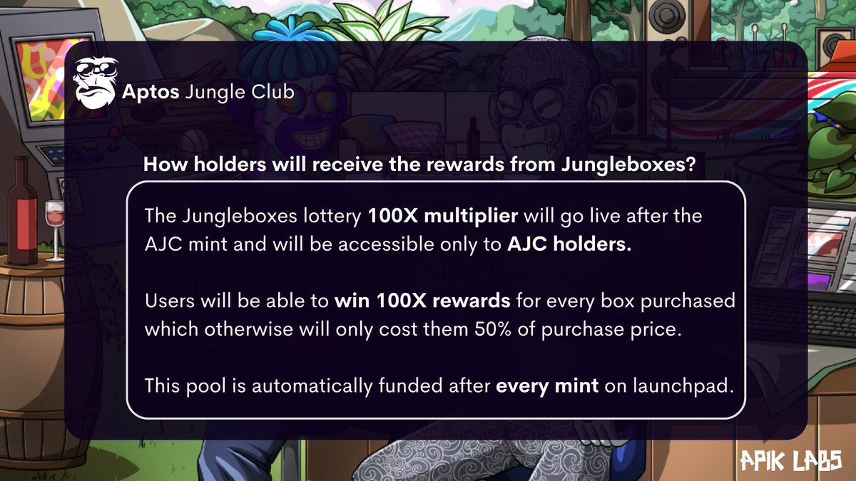 We have designed an interactive method for the community to claim revenue shares while keeping a fair share for sleeping holders to be distributed automatically.

Our Junglebox lottery and NFT raffles are already live at:
rafflik.aphub.xyz/lottery &amp; rafflik.aphub.xyz/raffles