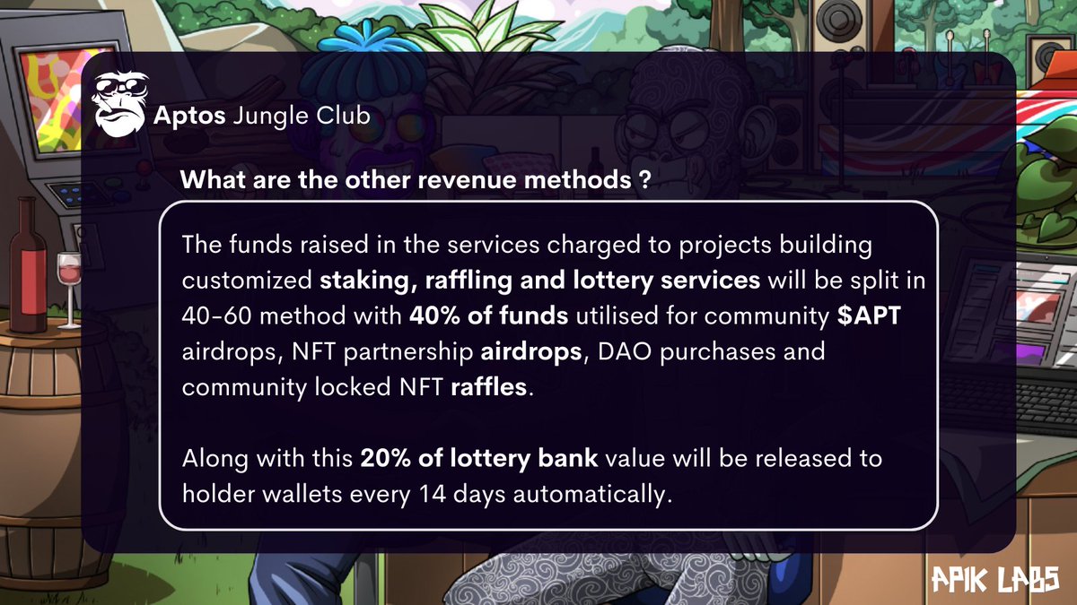 We will be expanding our services and utilities over time including a partnership with NFT marketplace to bring more exposure to our launchpad. This is going to be big and Aptos Jungle Club is something you must not miss to mint.

Time to GO BANANAS! Time to be EPIC!🍌