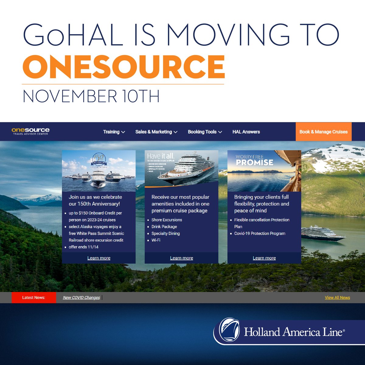 📣Big news! ON THURSDAY, we’ll begin hosting our trade communications on OneSource rather than ecs.page.link/1jL48. This change will allow you to find the Holland America Line resources you need more quickly and efficiently. #HALPartnerSHIPS #TravelPartners