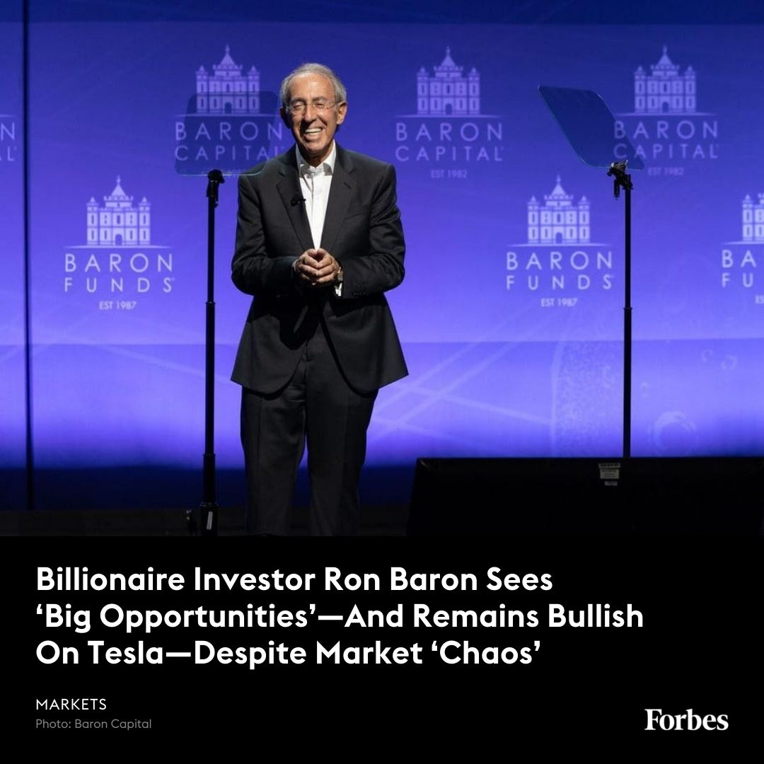 Forbes's tweet photo. “At some point markets will stabilize,” billionaire money manager Ron Baron said, predicting a recovery by the end of 2024. A big reason for his rosy outlook is his firm’s big bet on Musk’s electric vehicle maker. https://t.co/ufWz0kSeW6 https://t.co/Mr3cn3XLSE