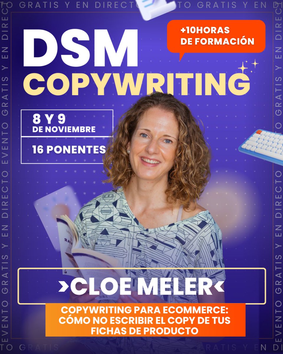 Y ahora llega el turno de <a href="/CloeMeler/">Cloe Meler [A veces Cris ;)]</a> al #DSMCopywriting ✅

" Cómo no escribir el copy de tus fichas de producto" será el título de su ponencia.