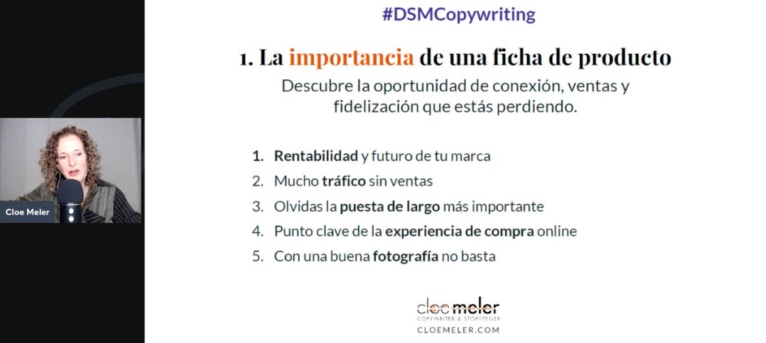 <a href="/CloeMeler/">Cloe Meler [A veces Cris ;)]</a>  en #DSMCopywriting

Copywriting para eCommerce, muy interesante 👇