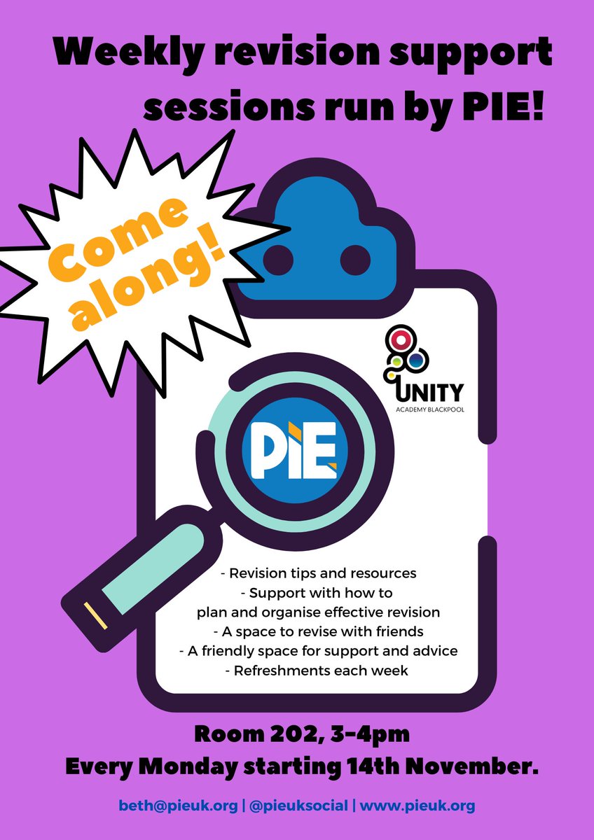 We are excited to be launching our #revision #support sessions at <a href="/UnityBlackpool/">Unity Academy</a> on Monday! 

Come along every Monday to room 202 after school for revision support, advice and a safe and friendly place to work.

#SocEnt #Year11 #LearningSkills #Blackpool

@HeadUnity <a href="/misspike1/">Miss Pike PE</a>