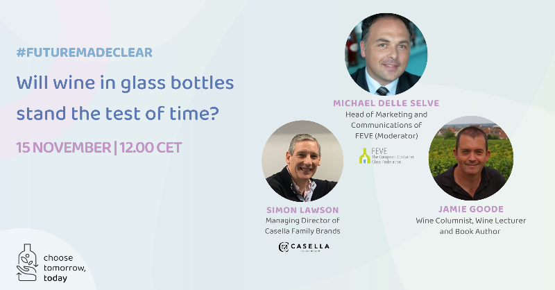 FeveEU's tweet photo. 🍾 Do you know why wine experts believe that glass is the perfect packaging for wine? 

Join our next #FutureMadeClear Q&amp;A with Simon Lawson (Casella Family Brands' managing dir.) and @jamiegoode (wine columnist, lecturer and book author) to find out.
