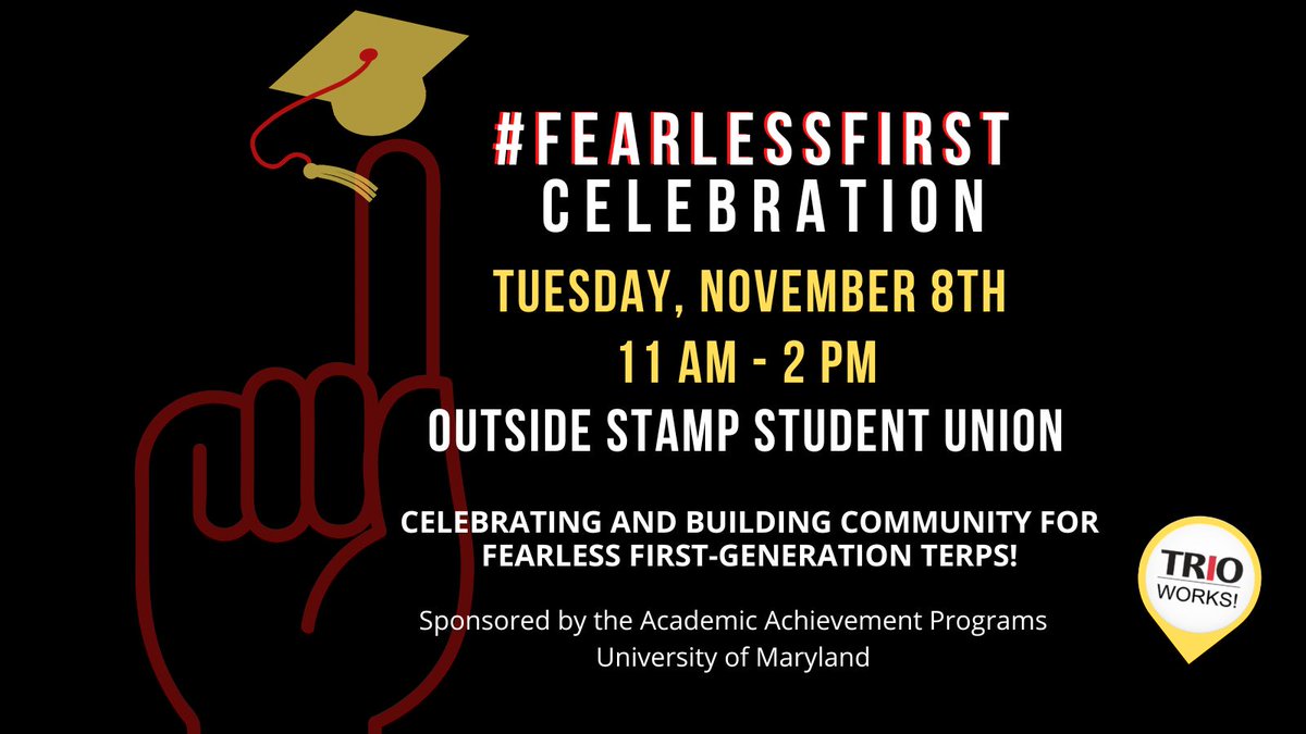 ugstumd's tweet image. Are you a First-Generation Terp? Know who else is?
Celebrate #FearlessFirst at the Stamp today 11-2 and take the quiz: go.umd.edu/firstgenterps
#Terps #CelebrateFirstGen