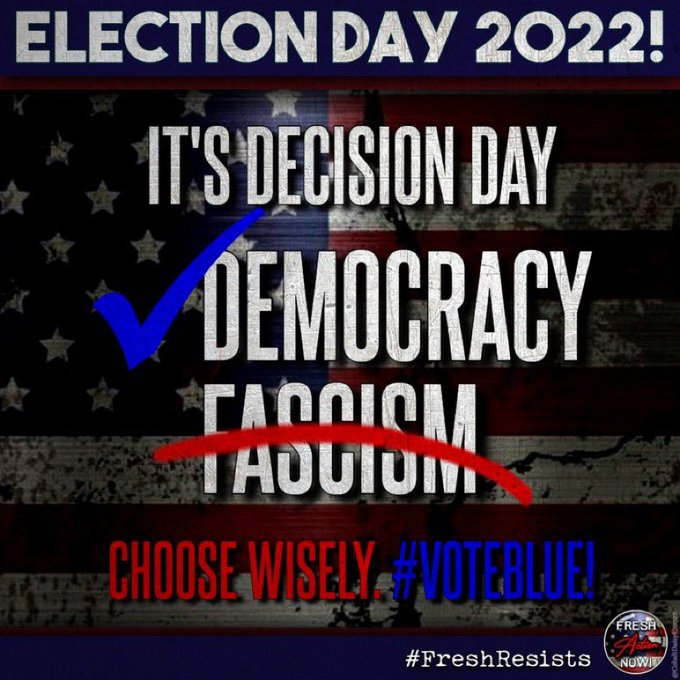 FeistyLibLady's tweet photo. Today IS the day for voters to choose Democracy or Fascism.

Today is the day to vote for our Constitution or authoritarianism.

Get out and vote for the best candidates to #DefendDemocracy! 

#ElectionDay 
#VoteBlue  
#FreshResists 
#ONEV1 https://t.co/zOt86QWd15