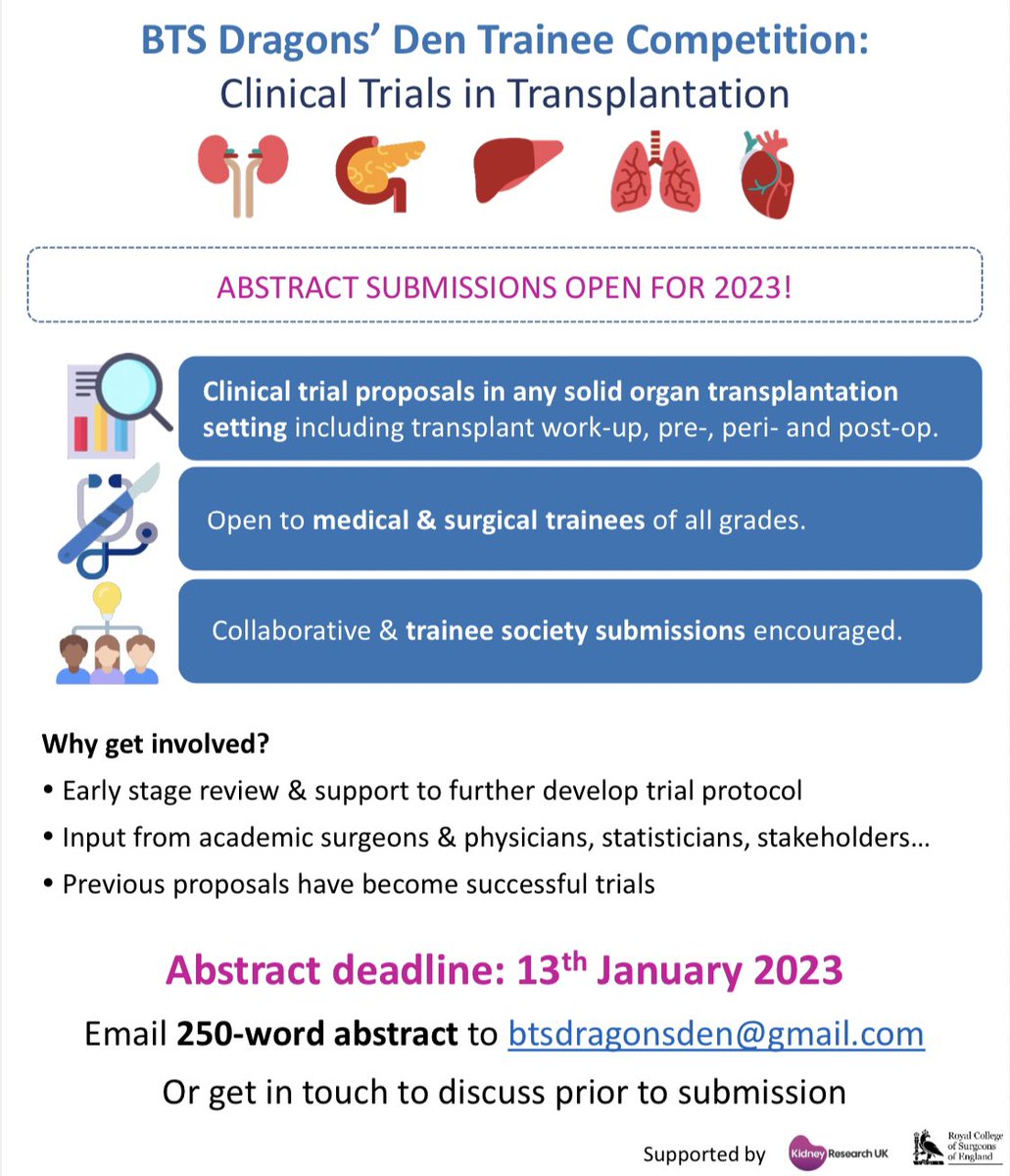 The Herrick Society (@herricksociety) on Twitter photo Do you have a clinical trial idea, and are brave enough to face the (very friendly) ‘dragons’ 🤓?! Submit your idea for the <a href="/BTStransplant/">BTS</a> Dragon’s Den competition at #BTS2023 in Edinburgh 🏴
<a href="/Kidney_Research/">Kidney Research UK</a> <a href="/NHSBT_CTU/">Clinical Trials Unit</a> @rasprclub Do you have a clinical trial idea, and are brave enough to face the (very friendly) ‘dragons’ 🤓?! Submit your idea for the <a href="/BTStransplant/">BTS</a> Dragon’s Den competition at #BTS2023 in Edinburgh 🏴
<a href="/Kidney_Research/">Kidney Research UK</a> <a href="/NHSBT_CTU/">Clinical Trials Unit</a> @rasprclub
