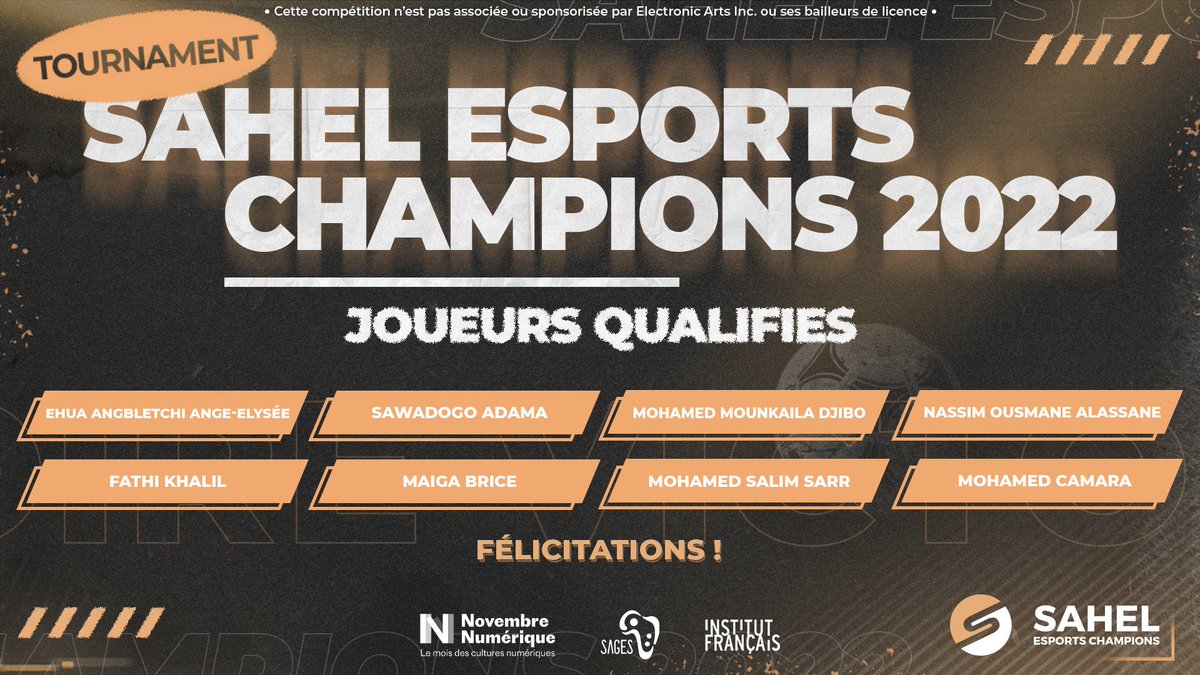 🎮 Samedi avaient lieu les 1ers qualifiers #SahelEsports Champions au Tchad, au Niger, au Burkina Fasso &amp; au Sénégal !

Félicitations aux 8 meilleurs joueurs qui représenteront leur pays lors des Finales à Dakar le 23/11 🎉

GGWP à tous les compétiteurs qui n'ont pas démérité. 👏