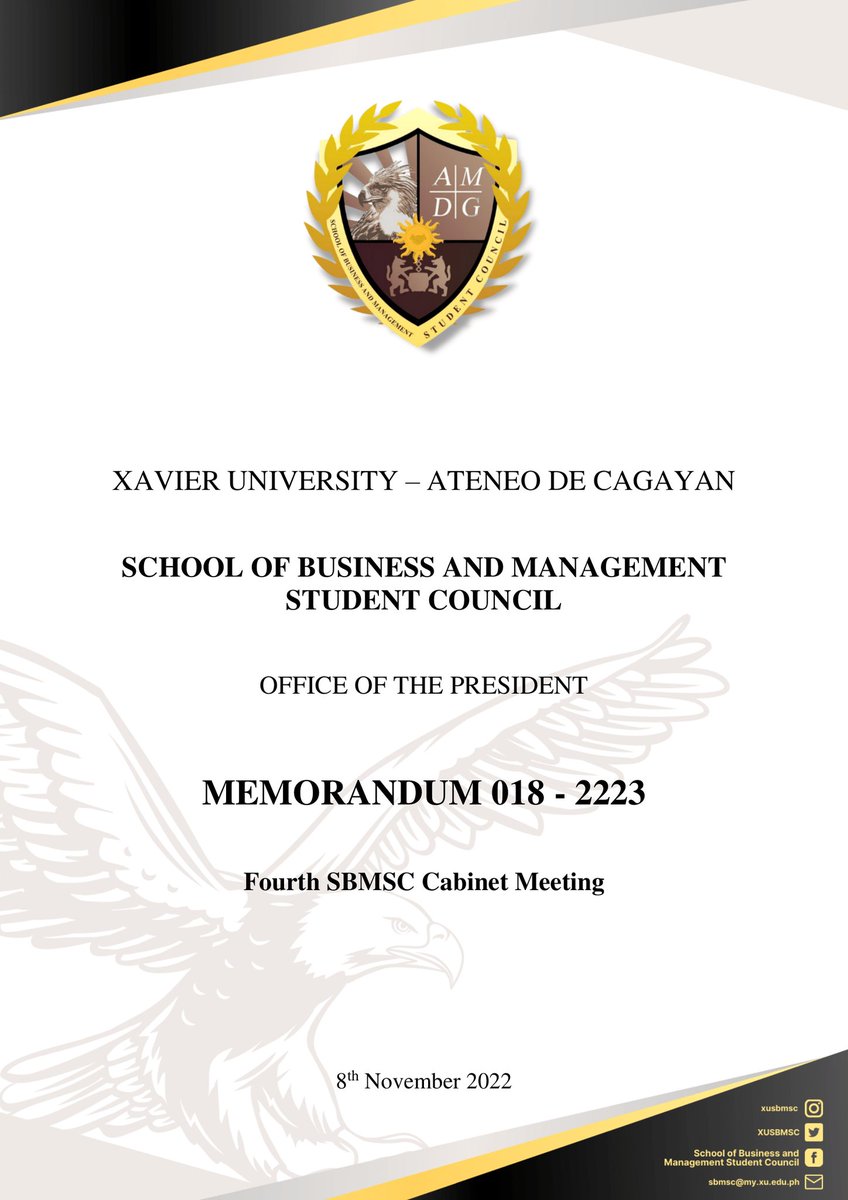 XUSBMSC's tweet photo. [READ]

𝐌𝐞𝐦𝐨𝐫𝐚𝐧𝐝𝐮𝐦 𝟎𝟏𝟖-𝟐𝟐𝟐𝟑
Fourth SBMSC Cabinet Meeting

Read more here:
https://t.co/BzDTmhDFQr

#XUSBMSC
#KaAgila
#ClaimIt https://t.co/NqKkiyAsVF