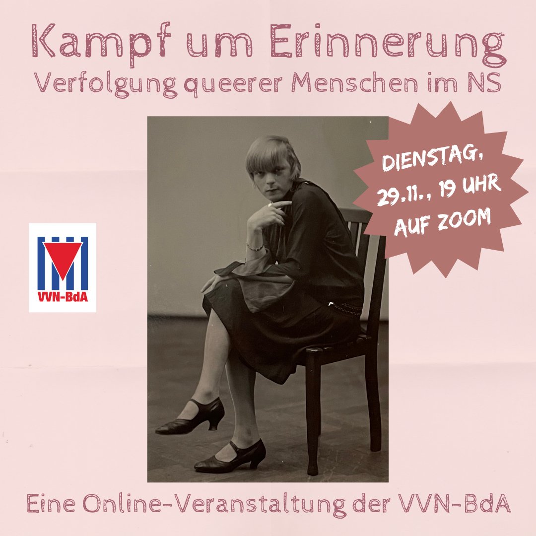 ✨EINLADUNG✨ Wir laden euch herzlich zu unserer Online-Veranstaltung "Kampf um Erinnerung: Verfolgung queerer Menschen im NS" am 29.11., 19-21 Uhr auf Zoom ein.

📢 Den Zoom-Link findet ihr hier: 
vvn-bda.de/online-veranst…

#LGBTIQ #QueereGeschichte #VVNBdA