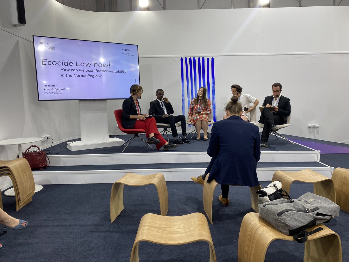 <a href="/EcocideLaw/">Stop Ecocide International</a> at the Nordic pavilion . An international youth panel on Ecocide law. Promising! <a href="/amandabjorksell/">Amanda Björksell</a>